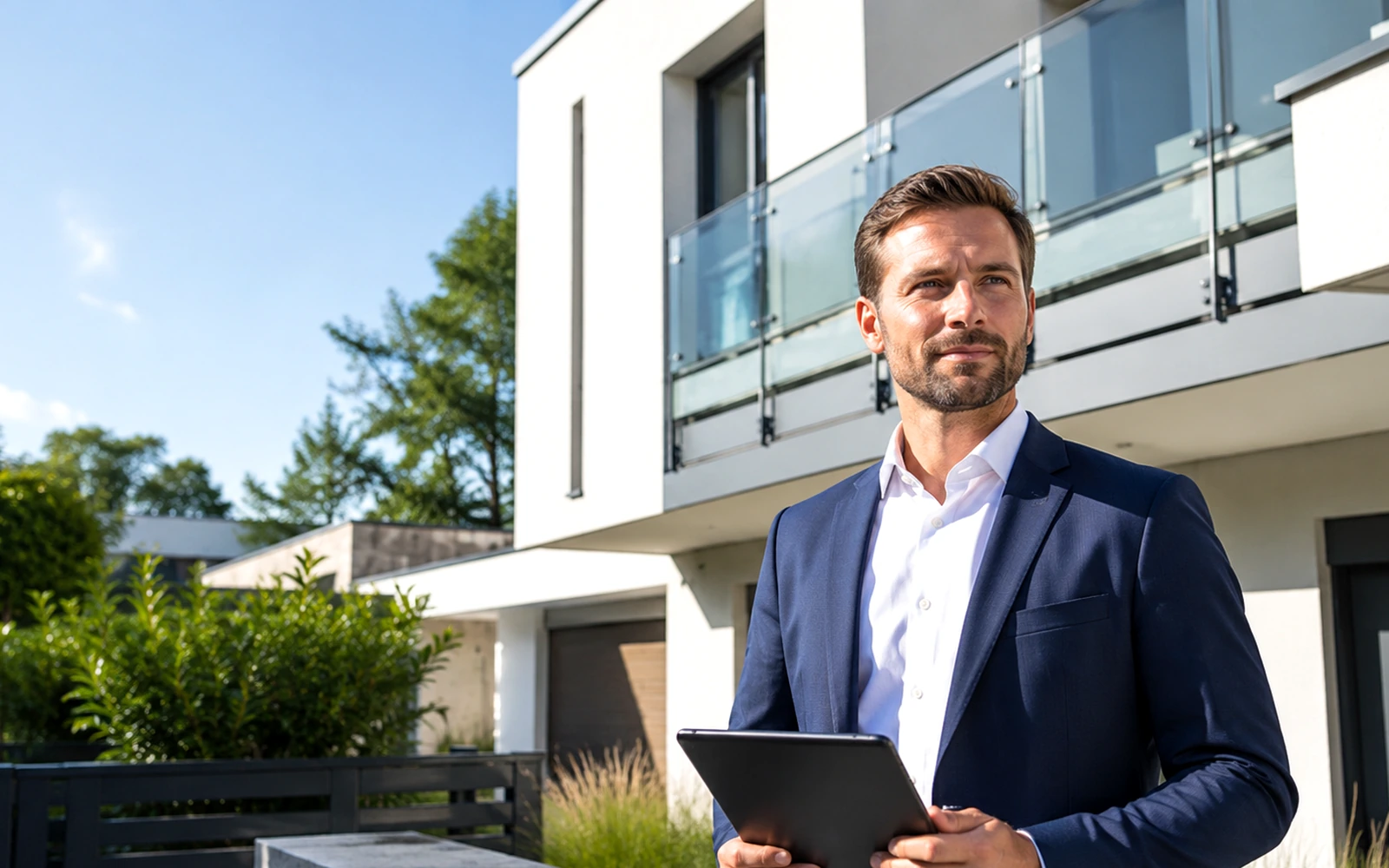 Symbolische Immobilienbesichtigung mit natürlichen Gesprächspartnern.